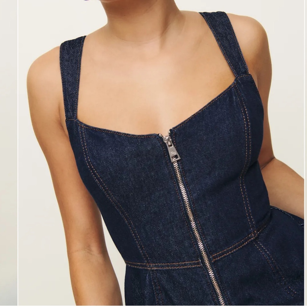 Reformation Dark Indigo Denim Zip-Front Peplum Tank - Picture 3 of 8